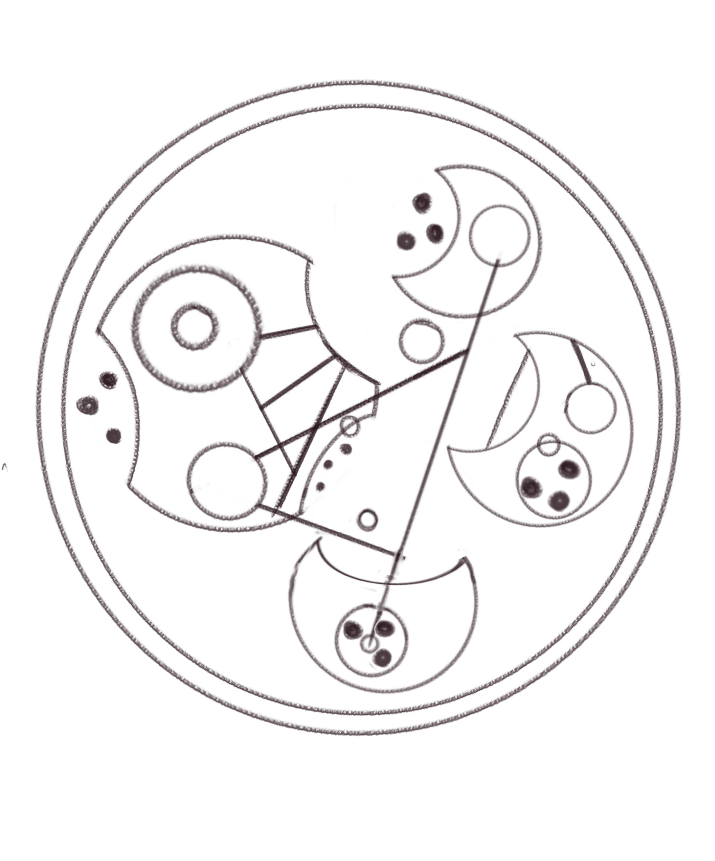 circular gallifreyan calligraphy, made in a digital art program with a brown pencil on a white page, featuring triangles between the circles.